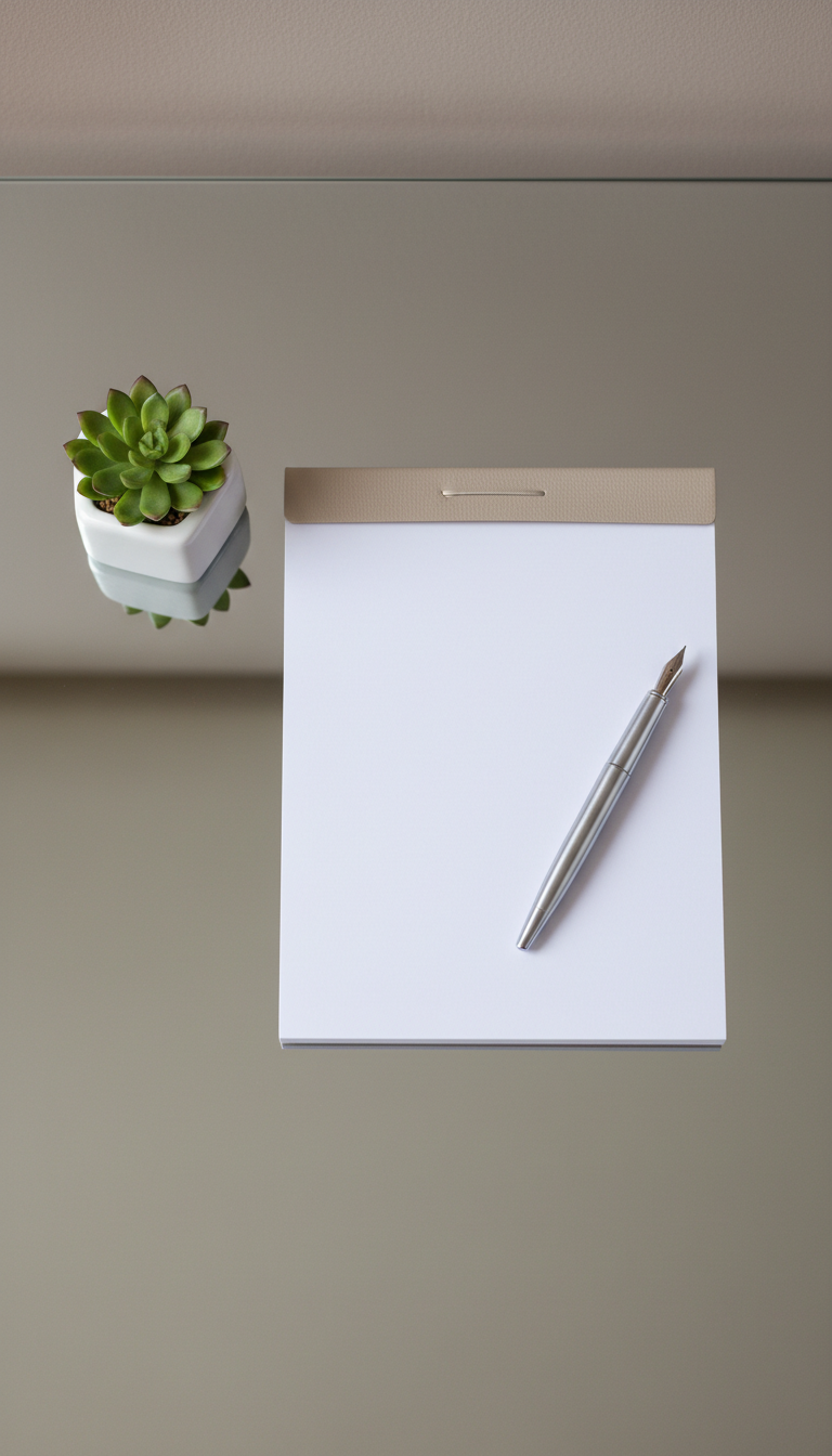 A sleek, contemporary notepad and a polished silver fountain pen rest atop a flawless glass table. The notepad cover is crafted in textured, soft beige leather, paired with pristine, uncreased white pages. A small, geometric planter with a green succulent sits nearby, adding visual interest without clutter. The table is set against a smooth taupe wall, bathed in cool, soft studio lighting that gently highlights clean surfaces and creates subtle reflections below. Captured from directly above with a centered, top-down composition, this highly organized vignette evokes a sense of clarity, professionalism, and readiness—perfectly suiting a business counselling environment.