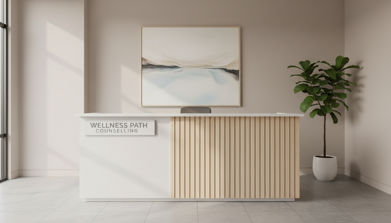 A minimalist, modern counselling office reception desk constructed from smooth, matte white surfaces and natural light wood accents. The desk sits against a clean, neutral-toned wall with a subtle abstract canvas artwork hanging above. Soft, diffused daylight enters from an unseen window, casting gentle, balanced shadows that enhance the room’s structure without harsh contrasts. A single, perfectly arranged potted plant brings an organic touch to the uncluttered scene. Photographed from an eye-level perspective with a wide angle, the composition achieves a harmonious, balanced feel. The mood is calm and professional, showcasing the welcoming environment of a high-quality counselling practice with photographic realism and a clean, corporate aesthetic.